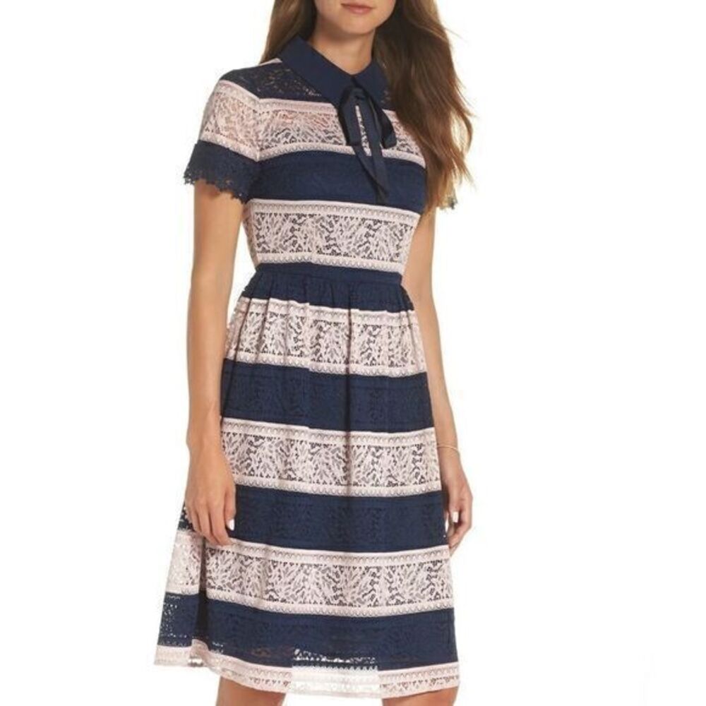 1901 stripe fit & flare dress lace blue pink